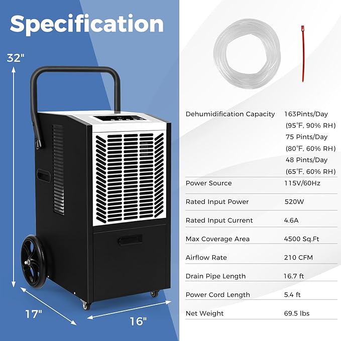 ARLIME 163 Pints Commercial Dehumidifier w/Pump & Drain Hose, Industrial Heavy - Image 7