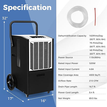 ARLIME 163 Pints Commercial Dehumidifier w/Pump & Drain Hose, Industrial Heavy - Image 7