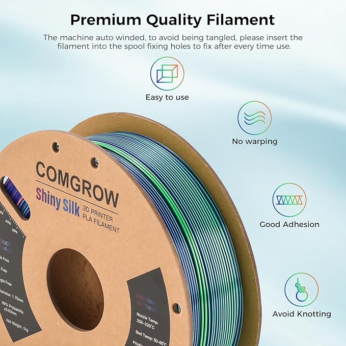 Comgrow Tri-Colors Silk PLA 3D Printer Filament, Rainbow PLA Filament 1.75mm - Image 4