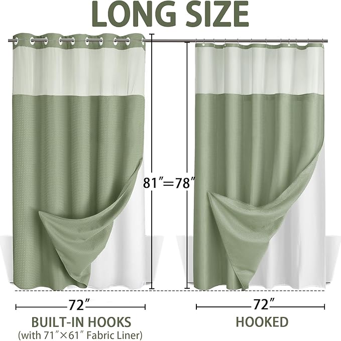 No Hook Shower Curtain and Liner Set, Sage Green Hotel Waffle Shower Curtain - Image 6
