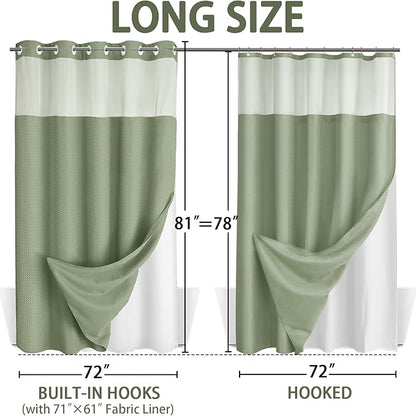 No Hook Shower Curtain and Liner Set, Sage Green Hotel Waffle Shower Curtain - Image 6