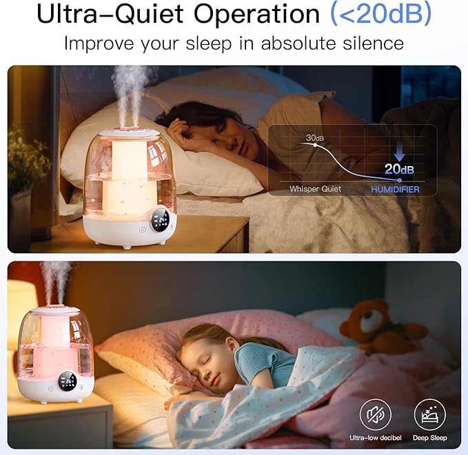Humidifiers for Bedroom, 3L Tank for 30H 20dB Quiet Mist Time, Dual Nozzles - Image 2