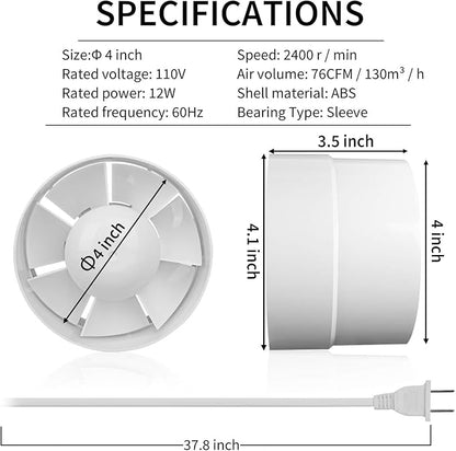 HUGOOME Inline Duct Fan 4 Inch Vent Booster, HVAC Exhaust Intake Fans 76 CFM - Image 3
