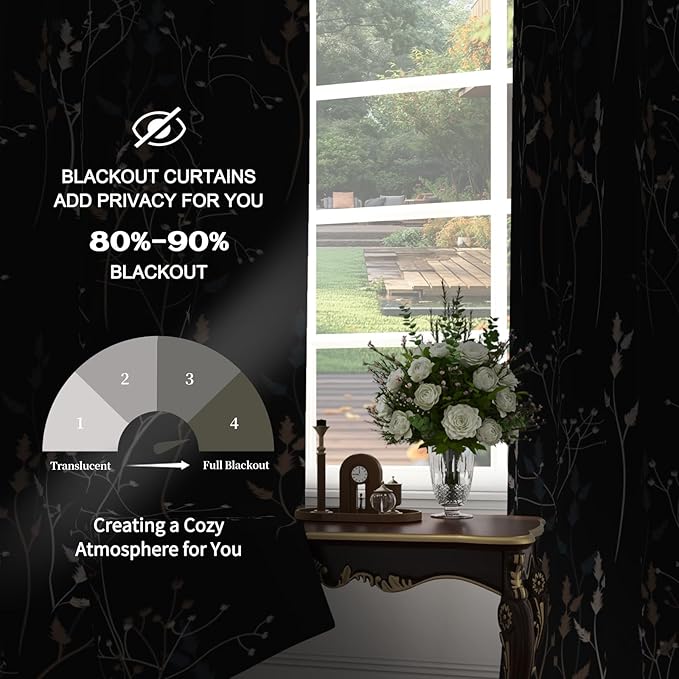 Black Leaves Blackout Curtains 84 Inches, Room Darkening Curtains - Image 4
