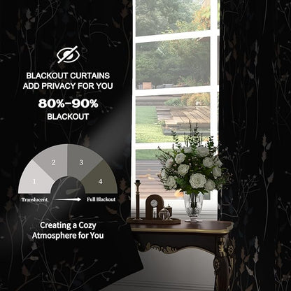 Black Leaves Blackout Curtains 84 Inches, Room Darkening Curtains - Image 4