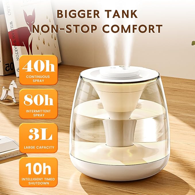 Humidifiers for Bedroom, 3 L Cool Mist Top-Fill 40H Super Long Time, 23dB Quiet - Image 3