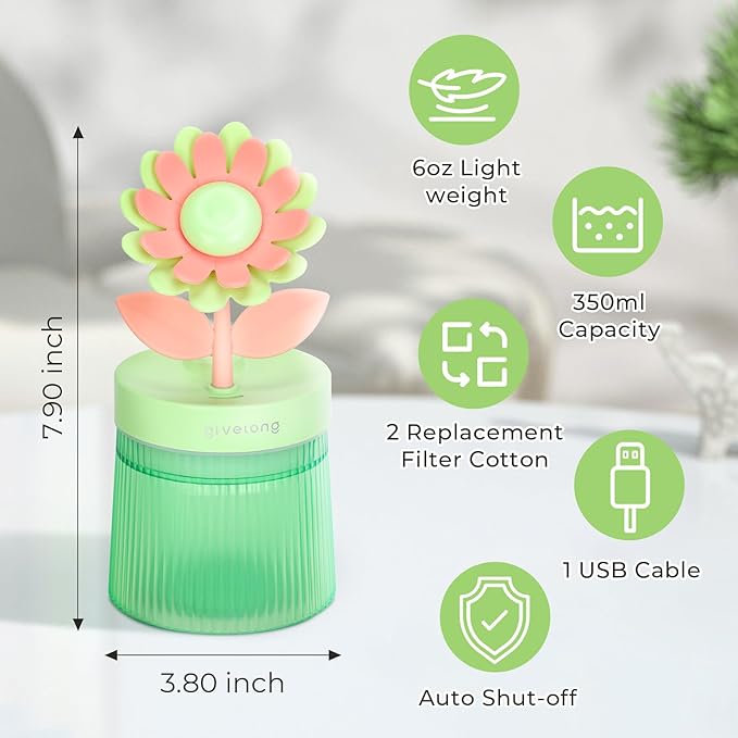 Cute Flower Mini Humidifier, 260ml Sunflower Desktop Humidifiers - Image 7