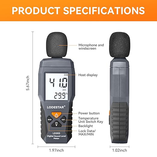 LODESTAR LD353 Decibel Meter, Digital Sound Level Meter 30 – 130 dBA dB Meter - Image 2