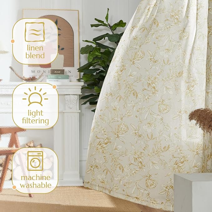 jinchan Floral Curtains 90 Inch Length Mustard Yellow Flower Linen Farmhouse - Image 7