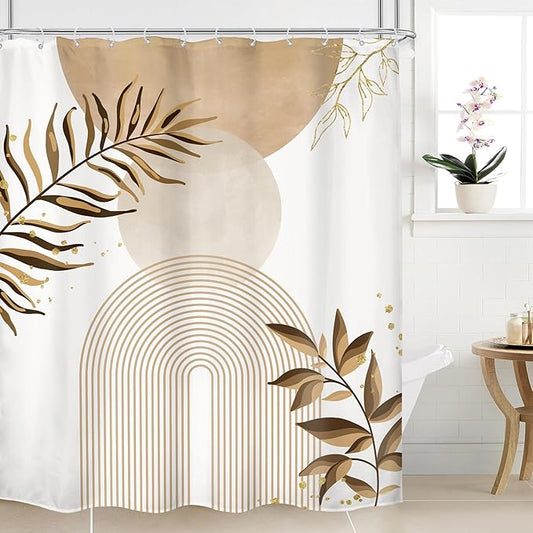 Beige Boho Shower Curtain 60Wx72H Bohemian Abstract Modern Mid Century Leaves by MitpokBrand