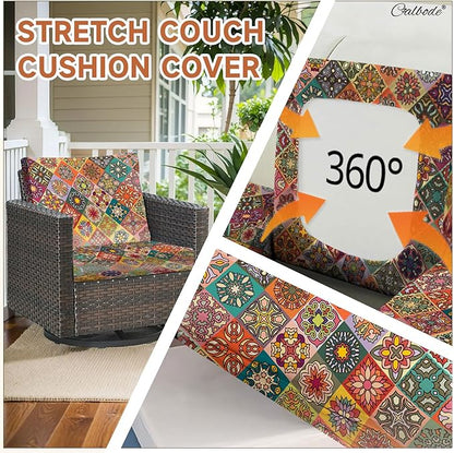 12Pcs Stretch Patio Cushion Cover, Bohemian Colored Geometric Pattern Couch - Image 3