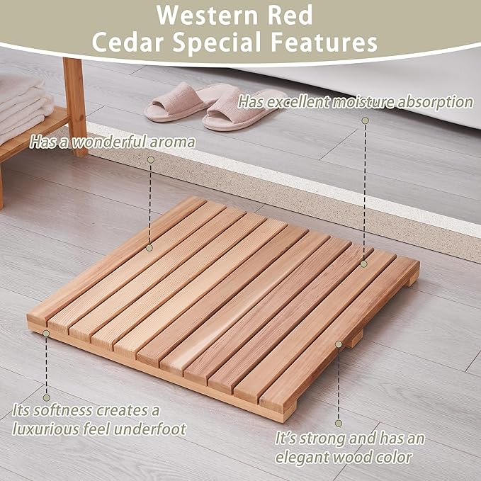bingaai Cedar Wood Bath Mat 21"×21" Square, Cedar Wooden Bath Mats, Wood Shower - Image 2
