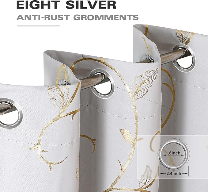 BUHUA Blackout Curtains Gold Foil Print Flower Vine Grommet Drapes, Room - Image 3