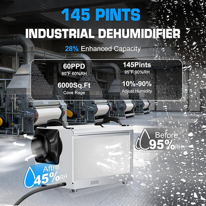 145 Pints Commercial Dehumidifier, Industrial Water Damage Unit up to 6 - Image 2