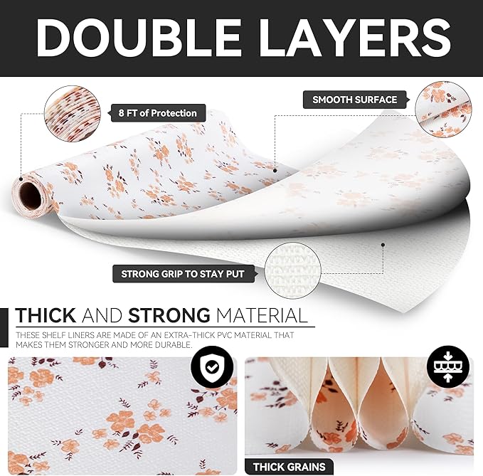 RAY STAR Shelf Liner, Non Adhesive Pink Orange Floral Printed Kitchen Cabinet - Image 7