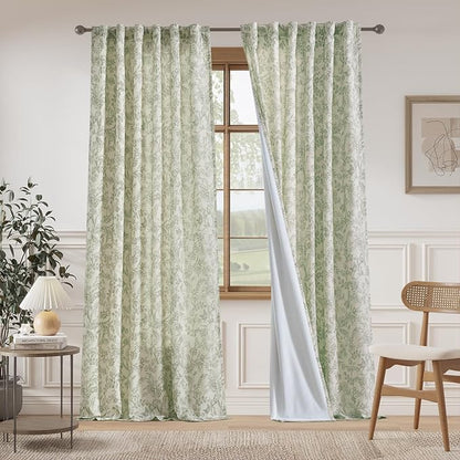 Vangao Lined Linen Curtains for Bedroom Floral Curtains 96 Inches Long Green - Image 2