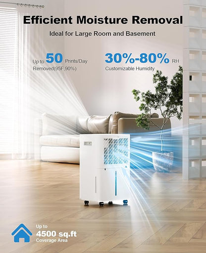 50 Pint Dehumidifier for Large Rooms & Basements, 500 Sq.Ft, Automatic Humidity - Image 2