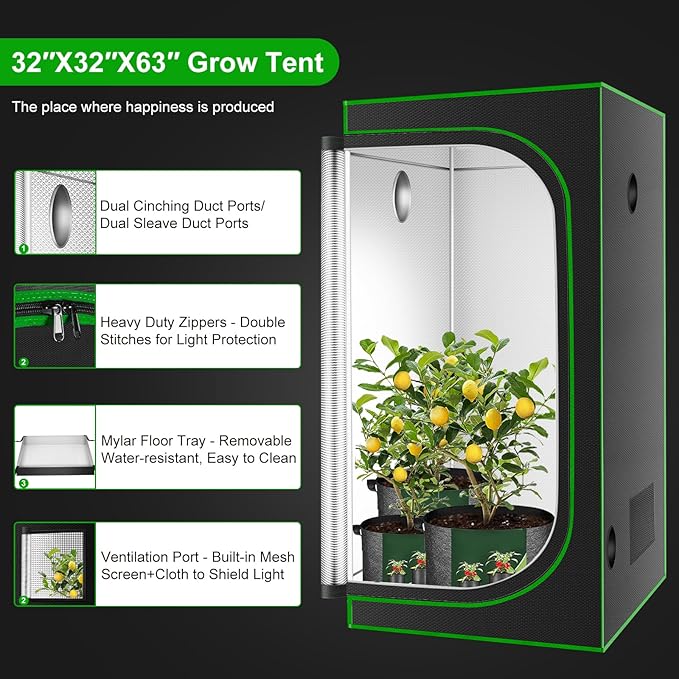 MELONFARM 32"x32"x63'' Grow Tent, High Reflective 600D Diamond Mylar Canvas - Image 4