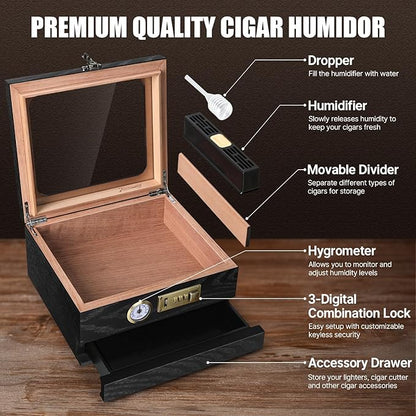 Cigar Humidor, Cedar Wood Humidor Cigar Box, Glass Top Desktop Humidor - Image 2