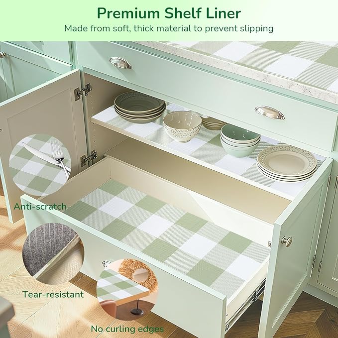 Practical Gingham Green Shelf Liner, Non-Adhesive Drawer Liner Non-Slip Cabinet - Image 5