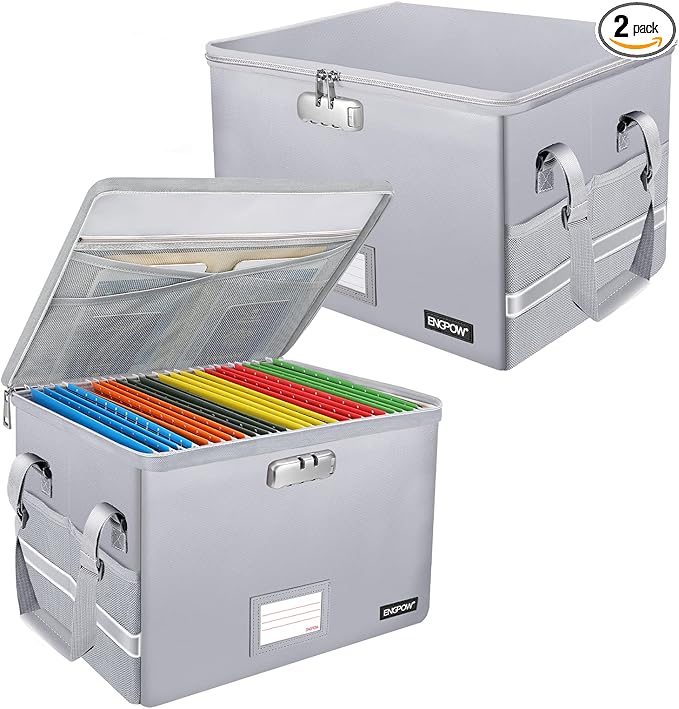 ENGPOW File Box with Lock, Fireproof Document Box with Pockets, Collapsible by ENGPOW