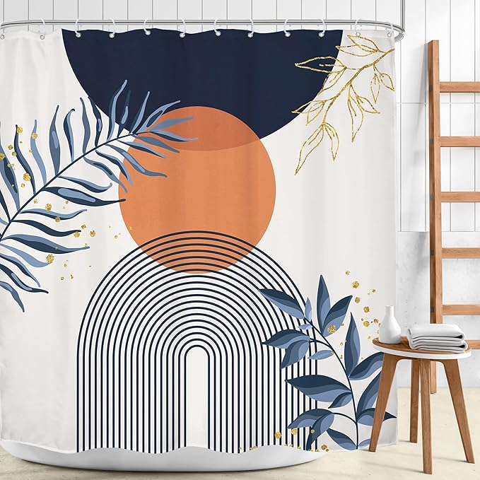 Navy Blue Boho Shower Curtain 72Wx72H Modern Abstract Bohemian Blue Gold Leaves - Image 2
