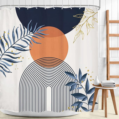 Navy Blue Boho Shower Curtain 72Wx72H Modern Abstract Bohemian Blue Gold Leaves - Image 2