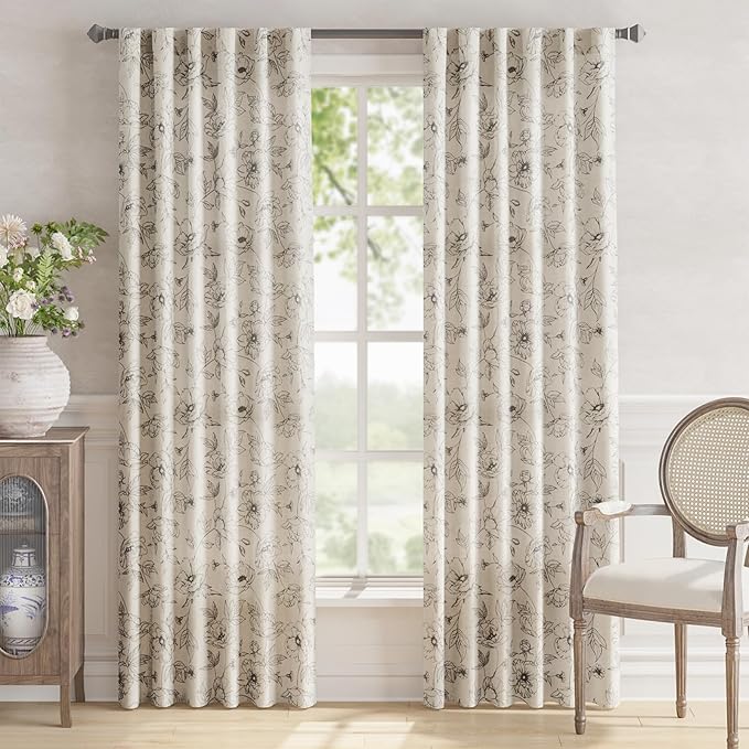 jinchan Linen Floral Curtains for Living Room 84 Inch Length Grey Flower - Image 2