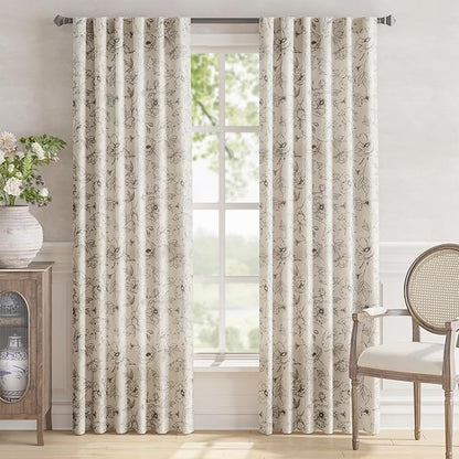 jinchan Linen Floral Curtains for Living Room 84 Inch Length Grey Flower - Image 2