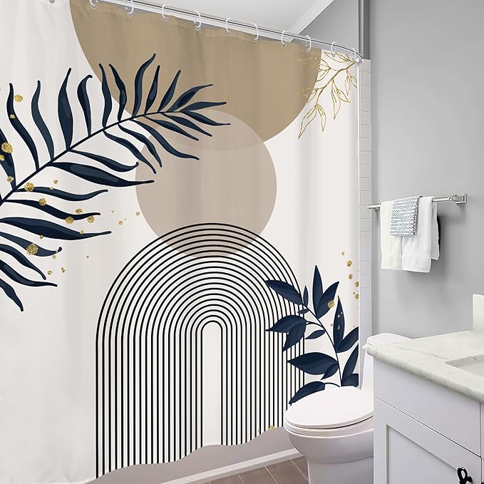 Boho Shower Curtain 60Wx72H Modern Mid Century Abstract Gold Leaves Bohemian - Image 3