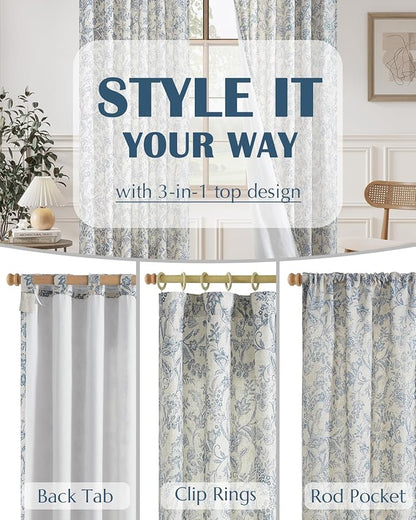 Vangao Lined Linen Curtains for Bedroom Floral Curtains 96 Inches Long Blue - Image 6
