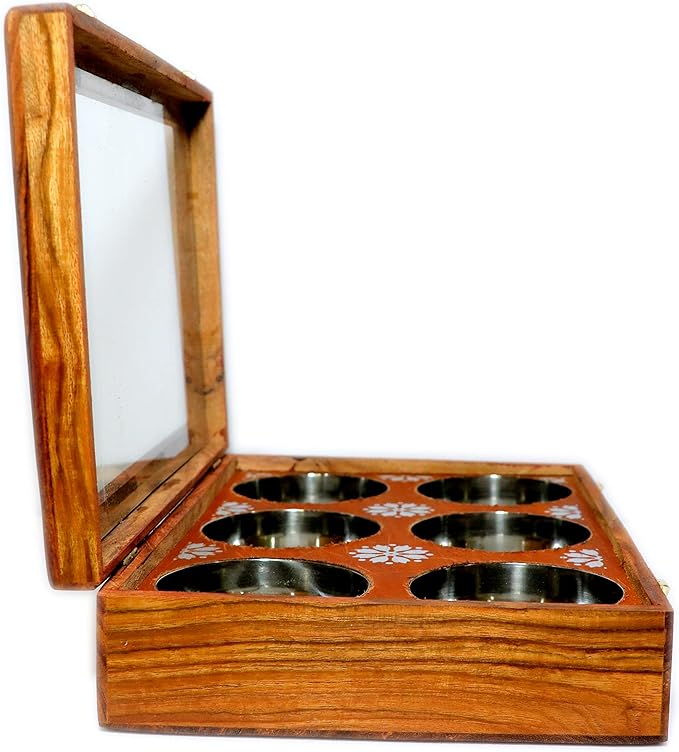 Wooden Spice Box Multipurpose Utility Table Top Glass Top Masala Dabba - Image 5