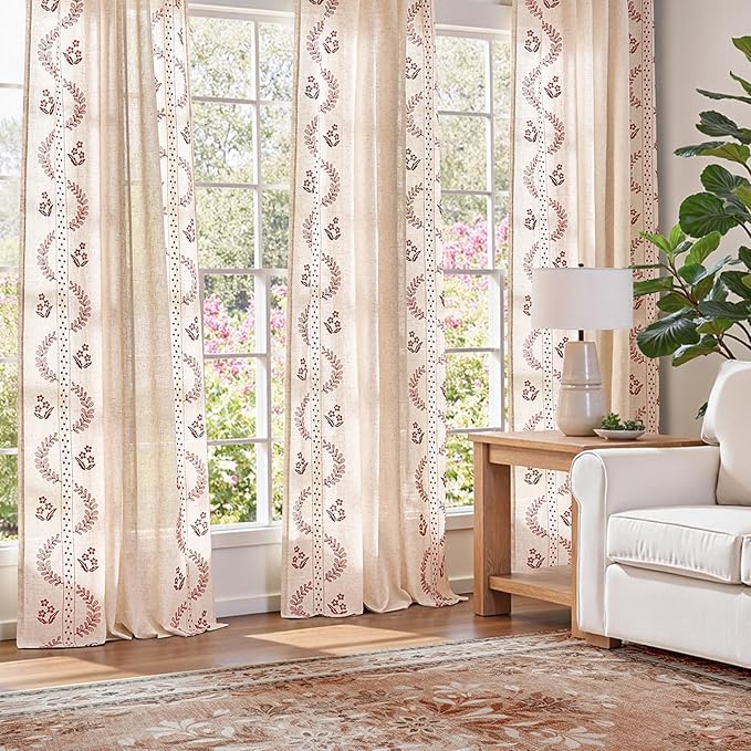 jinchan Belrose Linen Curtains for Bedroom Floral Curtains 84 Inch Length Linen - Image 3