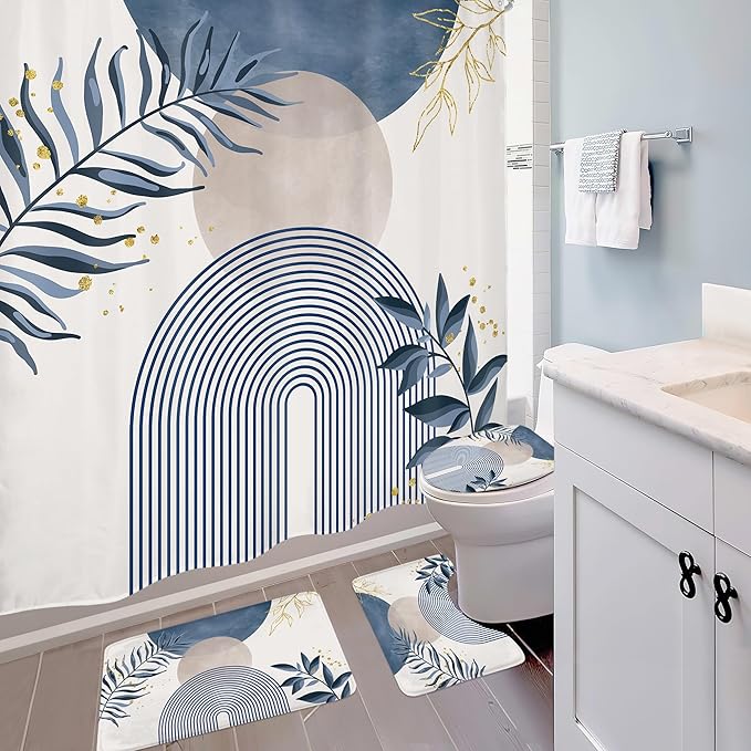 4 PCS Navy Blue Gray Boho 72Wx72H Shower Curtain Set Modern Mid Century Plant - Image 3