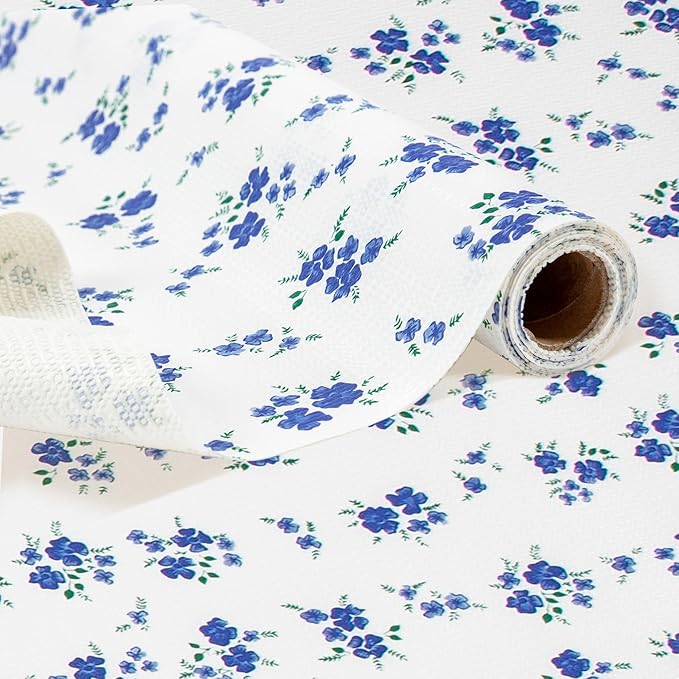 RAY STAR Shelf Liner, Non Adhesive Blue Floral Printed Kitchen Cabinet Liner by RAYSTAR