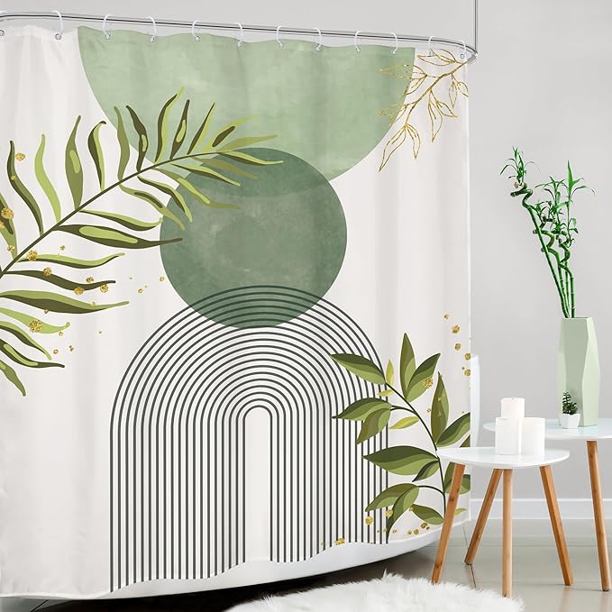Sage Green Boho Shower Curtain 60Wx72H Modern Bohemian Abstract Leaves Olive - Image 3