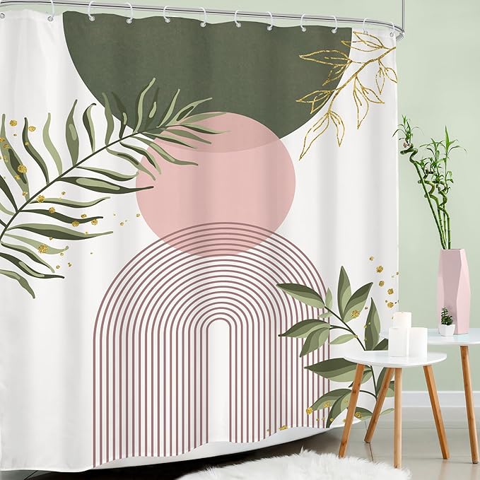 Pink Green Boho Shower Curtain 72Wx84H Extra Long Bohemian Mid Century Modern - Image 3