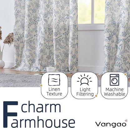 Vangao Blue Floral Linen Curtains - Image 3