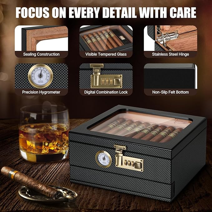 Cigar Humidor, Cedar Wood Humidor Cigar Box, Glass Top Desktop Humidor - Image 6