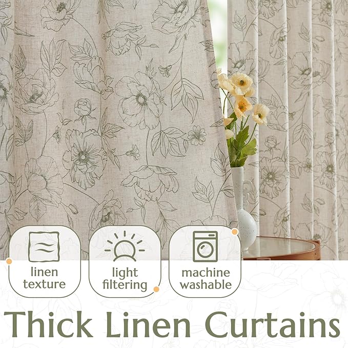 jinchan Floral Linen Curtains for Living Room 63 Inch Length Green Flower - Image 3