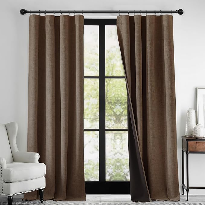 RYB HOME 100% Blackout Linen Textured Curtains 108 inches Long, Thermal by RYBHOME
