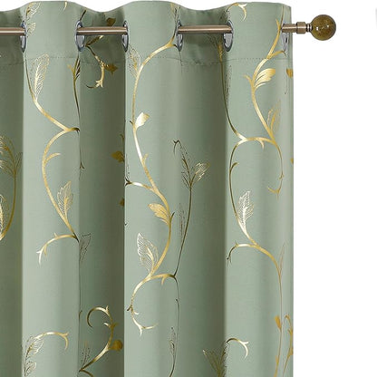 BUHUA Blackout Curtains Gold Foil Print Flower Vine Grommet Drapes, Room by BUHUA