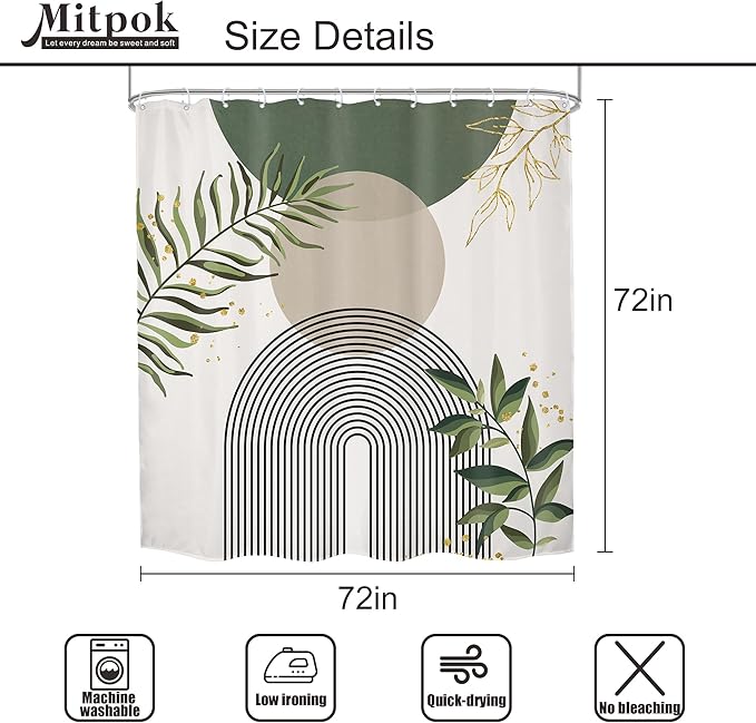 4 PCS Green Boho 72Wx72H Shower Curtain Set Abstract Gold Grey Modern - Image 4