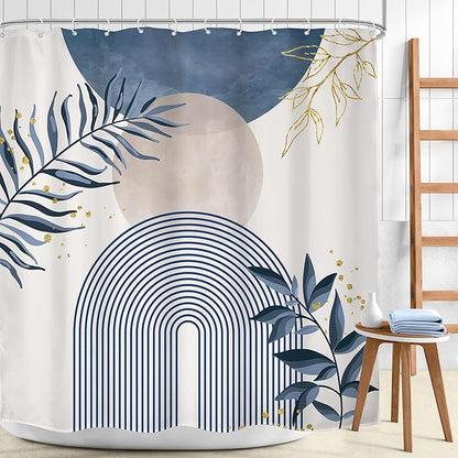 Blue Boho Shower Curtain 72Wx72H Modern Bohemian Abstract Leaves Plant - Image 2