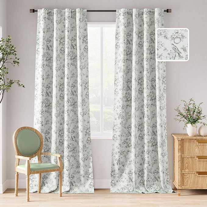 jinchan 95% Blackout Floral Curtains 96 Inches Long, Printed Flower Sage Green by JINCHAN