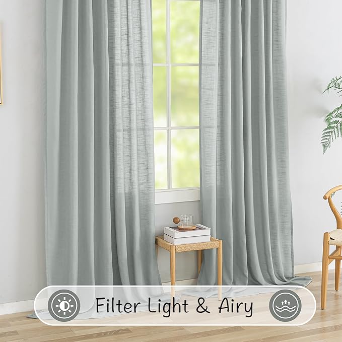 92 Inch Neutral Linen Back Tab & Rod Pocket Semi Sheer Privacy Bedroom Window - Image 7
