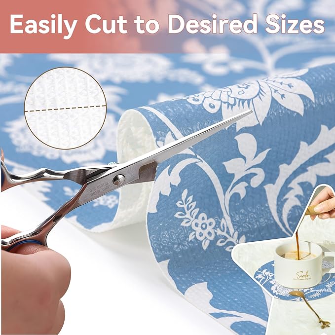 RAY STAR Shelf Liner, Non Adhesive Blue Floral Kitchen Cabinet Liner - Image 4