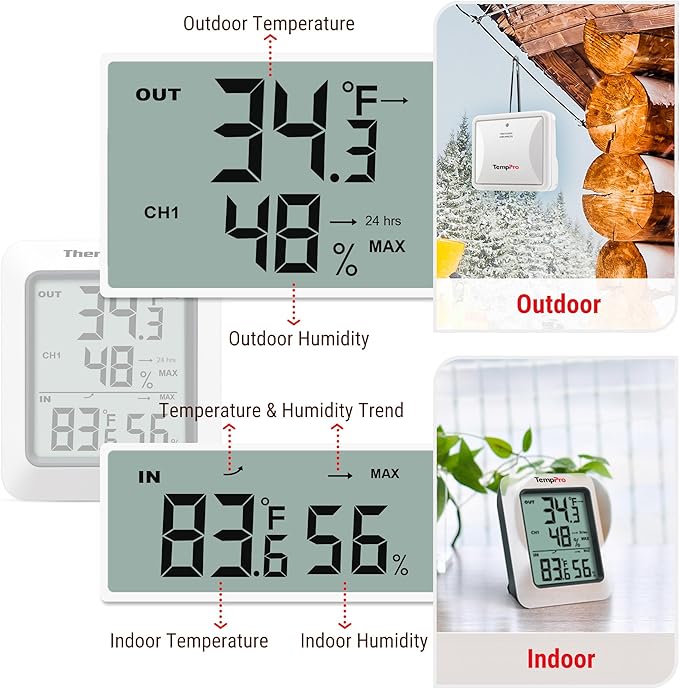 TempPro TP60-2 Digital Hygrometer Indoor Outdoor Thermometer Wireless - Image 8