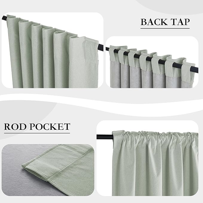 RYB HOME Light Green Curtains 100% Blackout, Linen Window Treatment Panels - Image 6