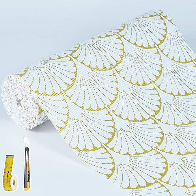 Shelf Liners Non Adhesive Gold Background White Fan-Shaped Pattern by Kimhan